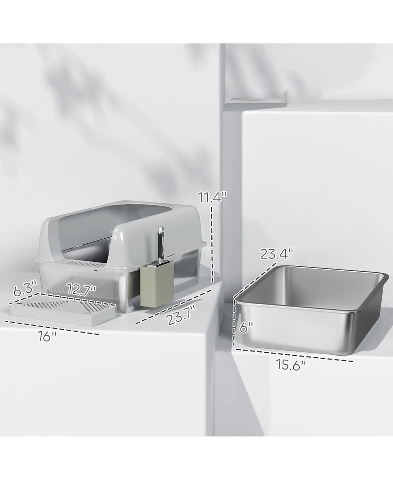 Ruie High Sided Stainless Steel Litter Box with Metal Scoop and Scoop Holder