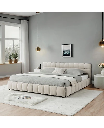 Clihome King Platform Bed with Storage Drawers, Upholstered Chenille Frame