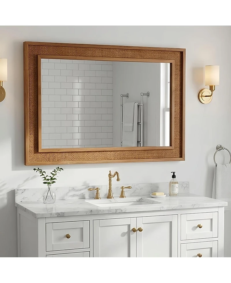 Laoties 24" x 36" Rattan Wall Mirror, Farmhouse Bathroom Vanity Mirror with Wood Frame for Entryway and Bedroom