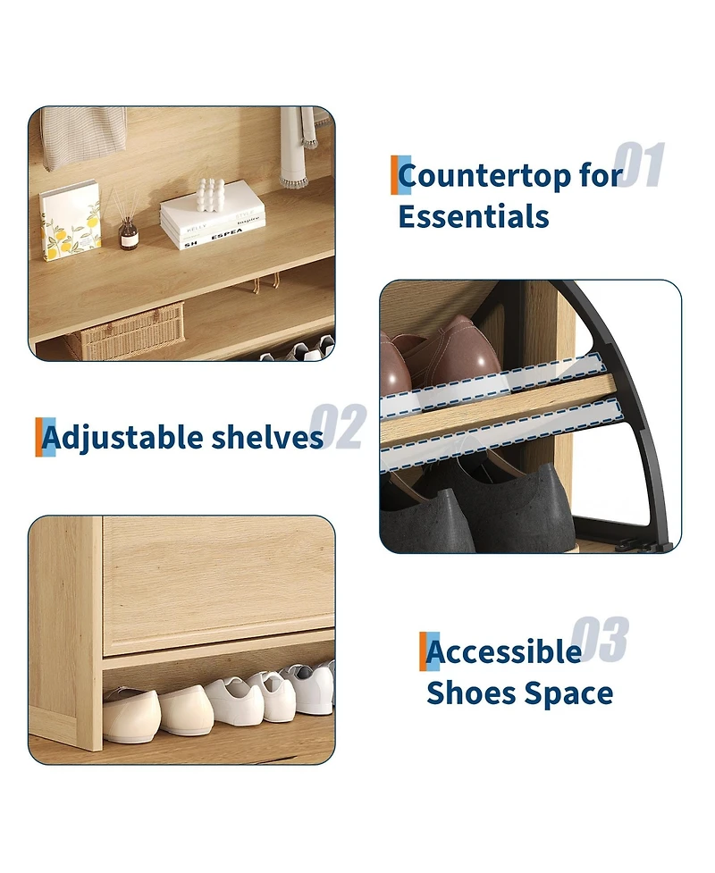 homfan Shoe Cabinet with 2 Flip Drawers - Hall Tree Storage Adjustable Shelf and Anti-Tip Kit for Entryway