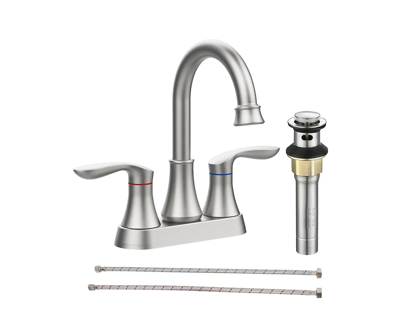 Busdays 2 Handle 4 Inch Brushed Nickel Bathroom Faucet Vanity Sink Faucet with Pop Up Drain and Supply Hoses