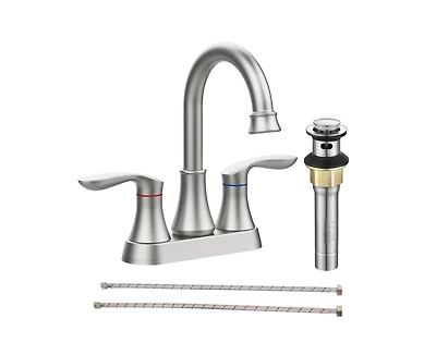 Busdays 2 Handle 4 Inch Brushed Nickel Bathroom Faucet Vanity Sink Faucet with Pop Up Drain and Supply Hoses