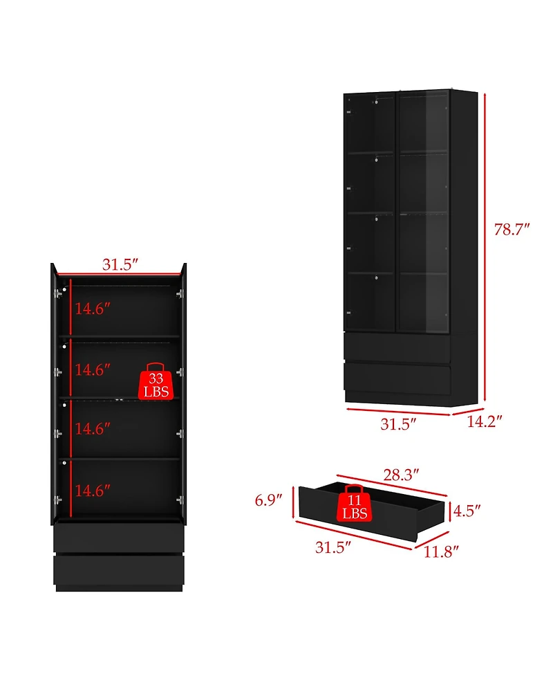 Famapy Display Cabinet with 2 Glass Doors and Lights, 4-Tier Storage Shelves and 2 Drawers