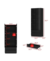 Famapy Display Cabinet with 2 Glass Doors and Lights, 4-Tier Storage Shelves and 2 Drawers