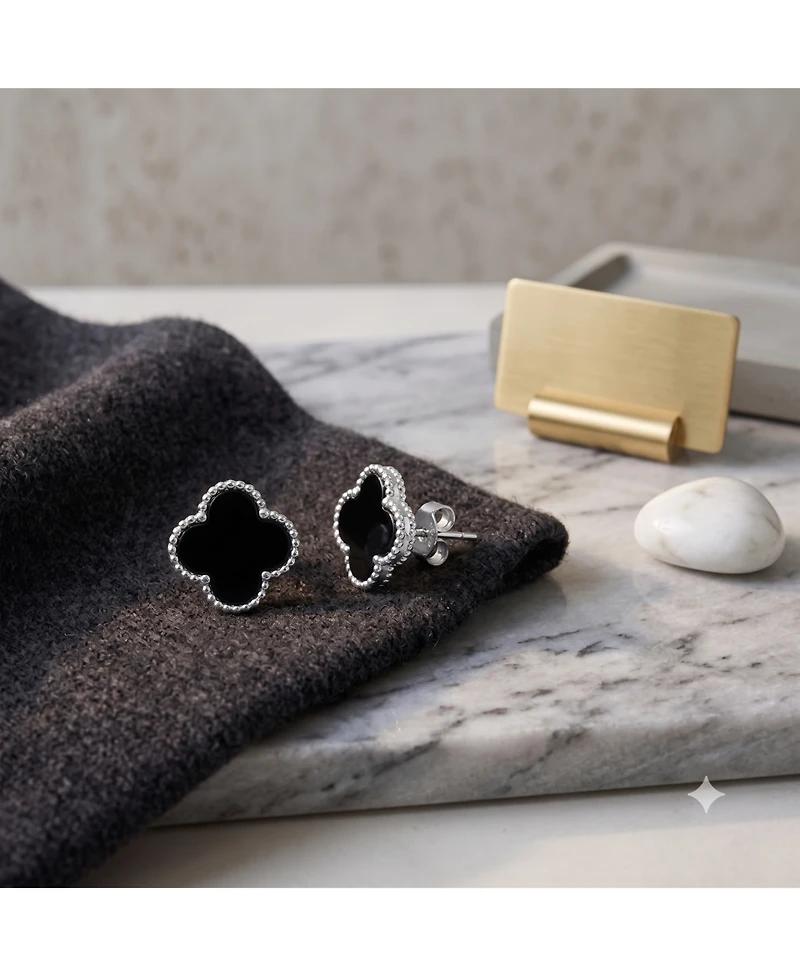 Simona Sterling Silver Onyx Clover, Beaded Outline Studs