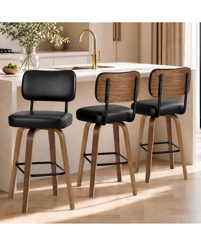 homfan Set of 3 Counter Height Bar Stools, 26" Swivel Stools with Back and Bentwood Legs, Faux Leather Upholstered