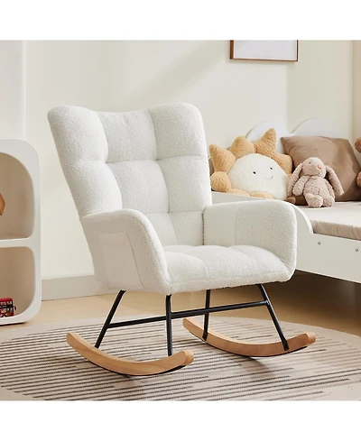 homfan Modern Nursery Rocking Chair, 300lbs Teddy Upholstered Glider with Side Pockets, High Backrest, Armrests, Metal Legs and Wood Base