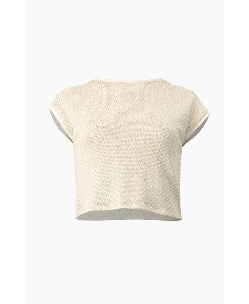 Ivonne Women's Textured Cap Sleeve Boat Neck Knit Cropped Top