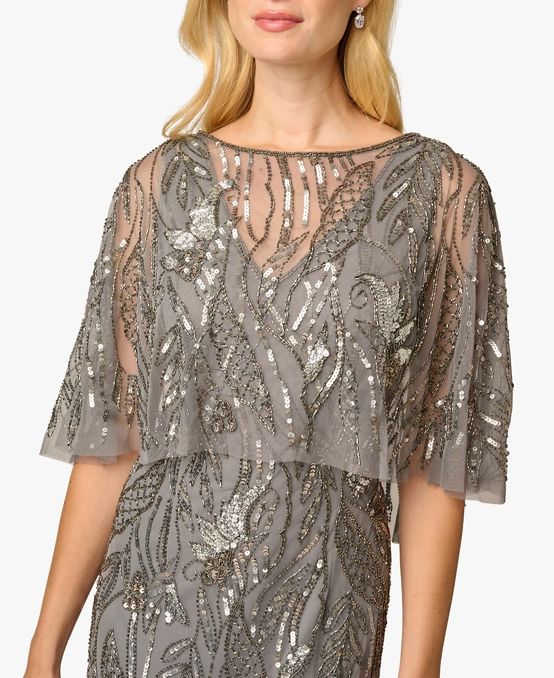 Adrianna Papell Women's Beaded Cape V-Neck Long Gown