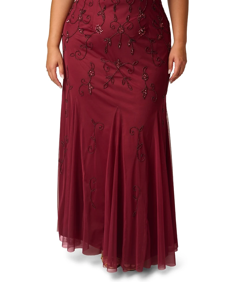Adrianna Papell Plus One-Shoulder Beaded Gown