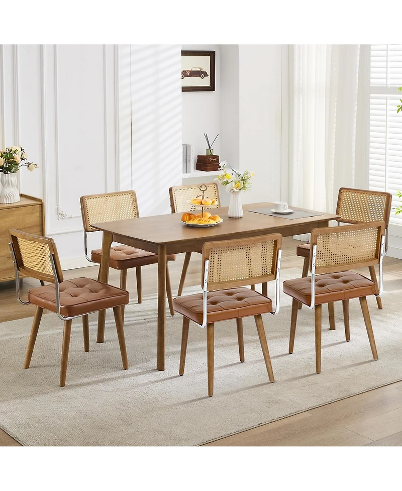 homfan Upholstered Rattan Dining Chairs with Tall Cane Backrest, Pu Seat, and Wood Legs, Set of 4 or 6