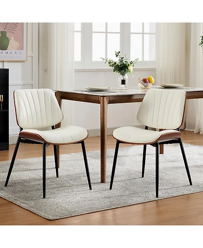homfan Mid-Century Dining Chairs Set of 2, Shell-Pattern Backrest, Pu Leather Seat, Metal Legs