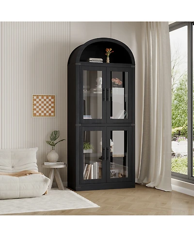 homfan Arched Storage Cabinet with Glass Doors, Tall 4 Tier Freestanding Organizer for Entryway, Living Room, Home Office