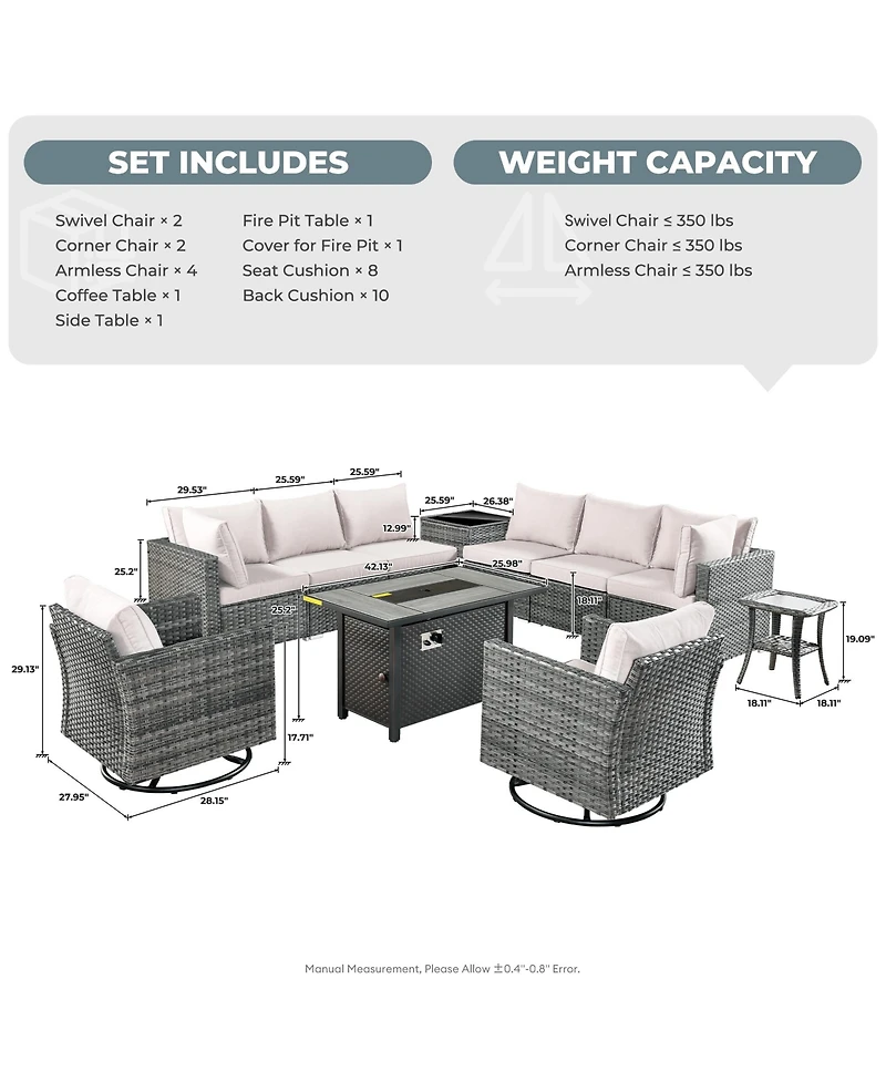 Xizzi 11-Piece Outdoor Patio Furniture Set With Fire Pit Table, Wicker Conversation Sectional Sofa, Swivel Chairs, Coffee and Side Table