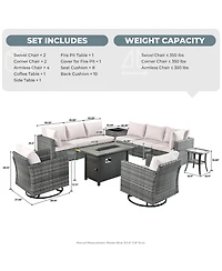 Xizzi 11-Piece Outdoor Patio Furniture Set With Fire Pit Table, Wicker Conversation Sectional Sofa, Swivel Chairs, Coffee and Side Table