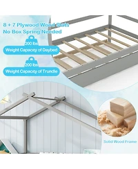 Gouun Kids Twin House Bed with Roof and Pull-Out Trundle for Sleepovers