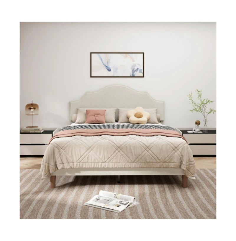 Lucky One Queen Size Platform Bed with Adjustable Headboard - No Box Spring Needed, 1000 lbs Cap
