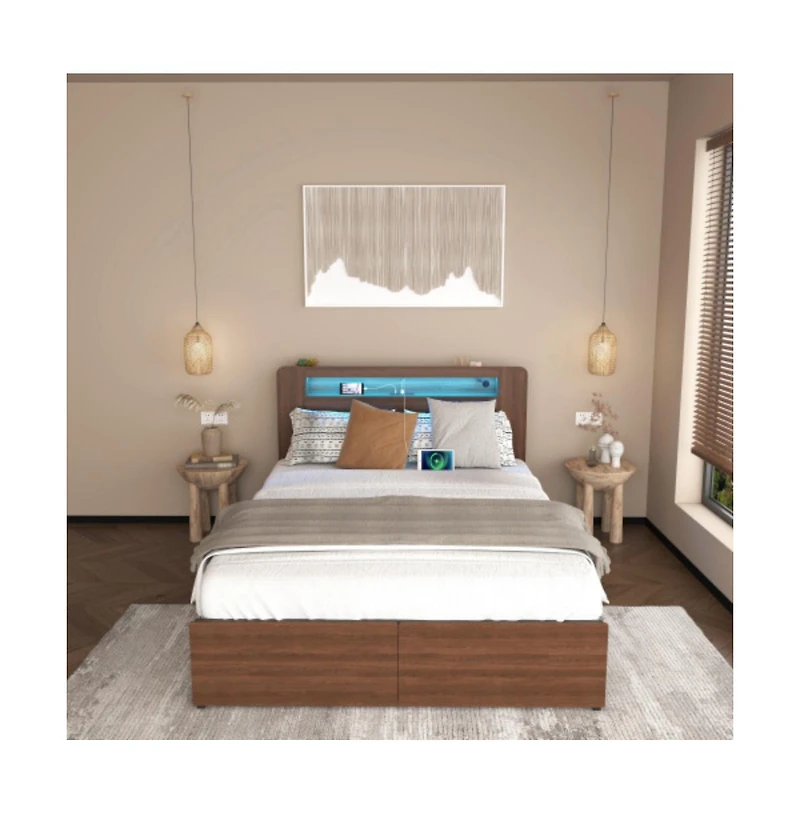 Lucky One Full Size Wood Platform Bed Frame with 2 Storage Drawers, Led Headboard, Usb Charging, No Box Spring Needed, Farmhouse Style