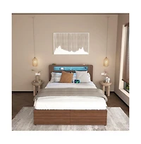 Lucky One Full Size Wood Platform Bed Frame with 2 Storage Drawers, Led Headboard, Usb Charging, No Box Spring Needed, Farmhouse Style