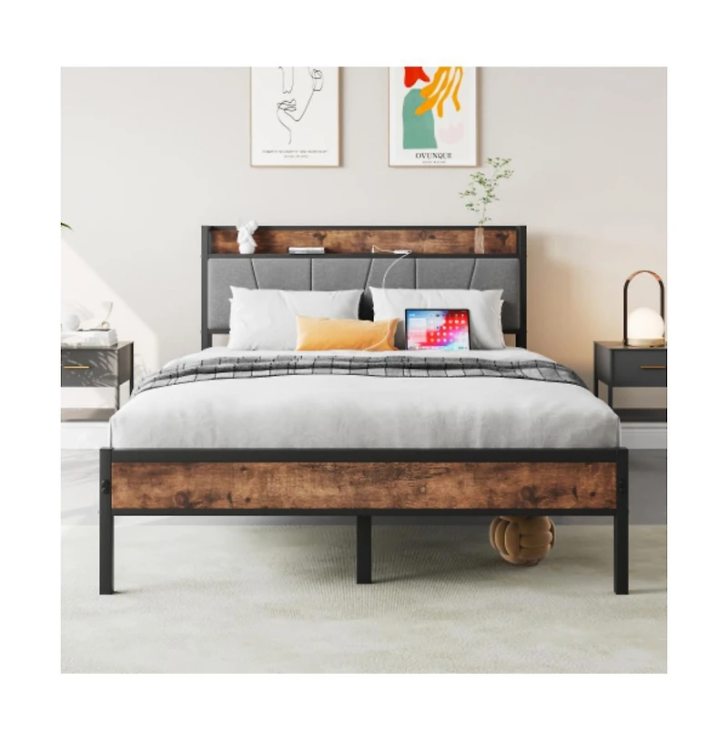 Lucky One Full Size Bed Frame with Storage Headboard, Usb Charging Station, Upholstered Design, Metal Slats, No Box Spring Needed