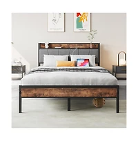Lucky One Full Size Bed Frame with Storage Headboard, Usb Charging Station, Upholstered Design, Metal Slats, No Box Spring Needed