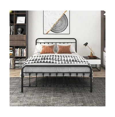 Lucky One Queen Size Metal Platform Bed Frame with Victorian Headboard and Footboard, Steel Slats, No Box Spring Needed, Under-Bed Storage