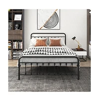 Lucky One Queen Size Metal Platform Bed Frame with Victorian Headboard and Footboard, Steel Slats, No Box Spring Needed, Under-Bed Storage