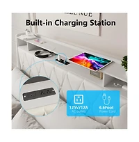 Lucky One Queen Size Platform Bed Frame with Ergonomic Headboard, Outlets, Usb Charger, Storage Shelf, Noise-Free, No Box Spring Needed