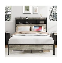 Lucky One Full Size Wooden Platform Bed Frame with Storage Headboard, Usb Charging, Wood Slats, No Box Spring Needed, Under-Bed Storage