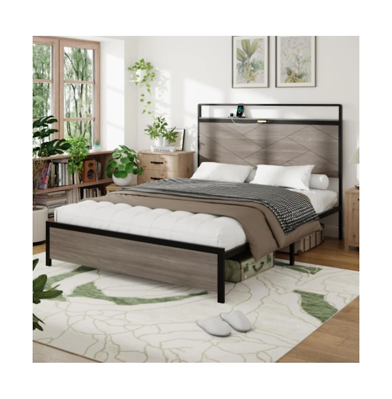 Lucky One Full Size Wooden Platform Bed Frame with Storage Led Headboard, Usb Charging, Metal Frame, No Box Spring Needed