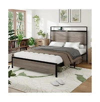 Lucky One Full Size Wooden Platform Bed Frame with Storage Led Headboard, Usb Charging, Metal Frame, No Box Spring Needed
