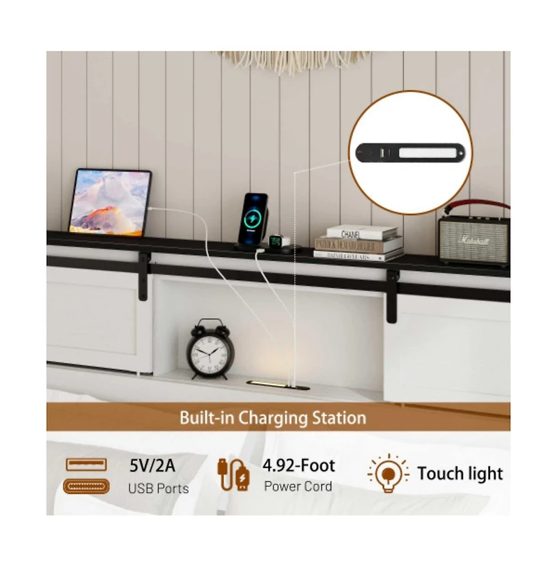 Lucky One Queen Size Metal Bed Frame with Storage Headboard, Usb Charging, Heavy Duty Metal Slats, No Box Spring Needed