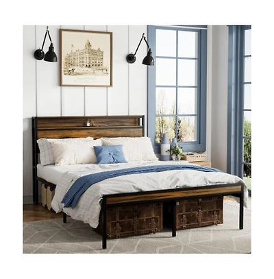 Lucky One Queen Size Bed Frame with Storage Headboard, Led Lights, Usb Charging Station, Metal Slats, No Box Spring Needed