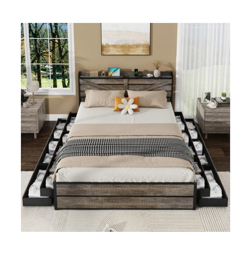 Lucky One King Size Bed Frame with Storage Headboard, 12 Drawers, Usb Charging Station, All-Metal Support, No Box Spring Needed
