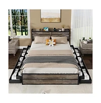 Lucky One King Size Bed Frame with Storage Headboard, 12 Drawers, Usb Charging Station, All-Metal Support, No Box Spring Needed