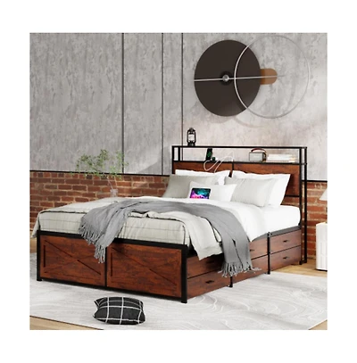 Lucky One Queen Size Bed Frame with Storage Headboard, 12 Drawers, Rgb Led Lights, Usb Charging Station, Metal Slats, No Box Spring Needed
