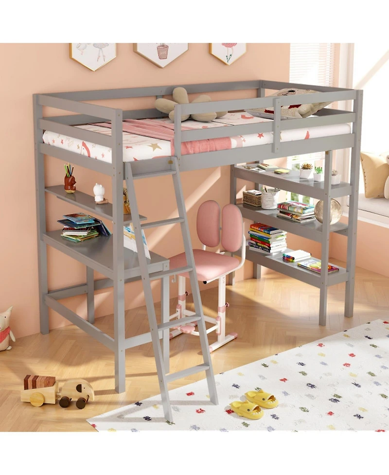 Gouun Twin Loft Bed with Integrated Desk and Bookshelves for Kids and Teens