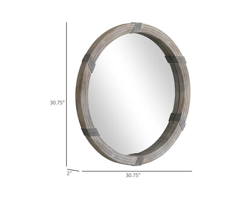 Busdays 30.75 Inch Natural Wood Round Farmhouse Decorative Wall Mirror for Living Room Bedroom Decor
