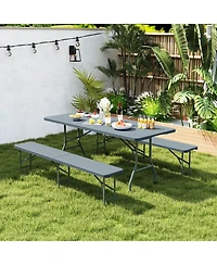 Gymax 3 pieces Folding Picnic Table Set with 6 ft Table and 2 Benches Hdpe Tabletop Bench Top