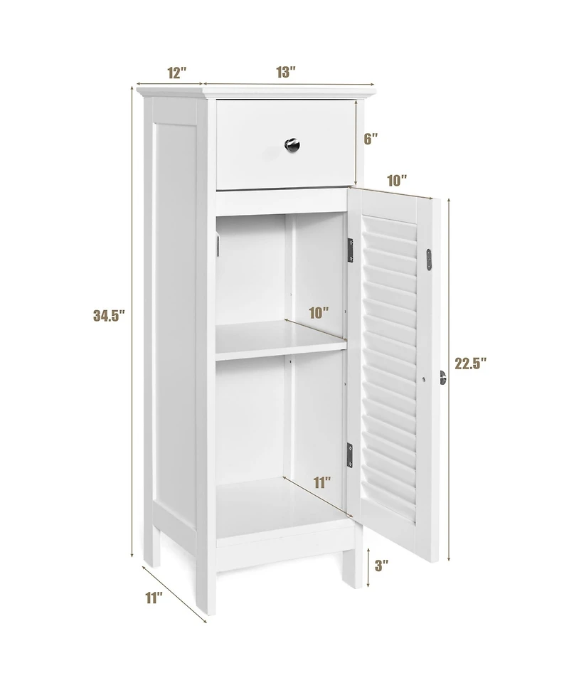 Gymax Bathroom Floor Storage Cabinet Side Wooden Organizer with Drawer and Shutter Door