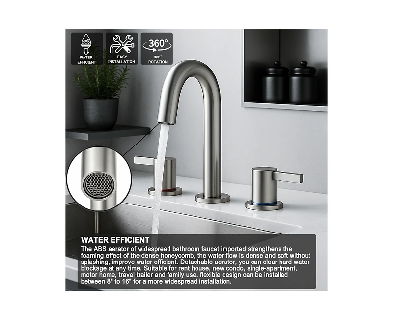 Busdays 8 Inch Widespread Lavatory Faucet 2 Handle 3 Hole 360 Spout Vanity with Pop Up Drain Brushed Nickel