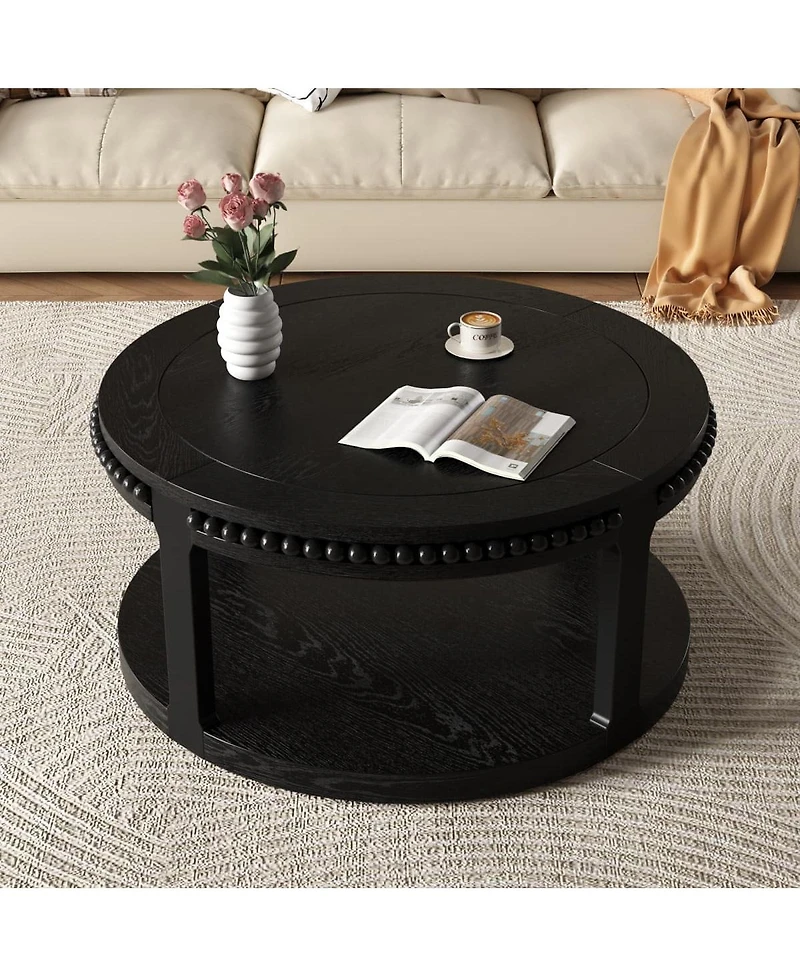 The Pop Home 31.5" Round Coffee Table, 2-Tier Solid Wood Accent Table with Shelf