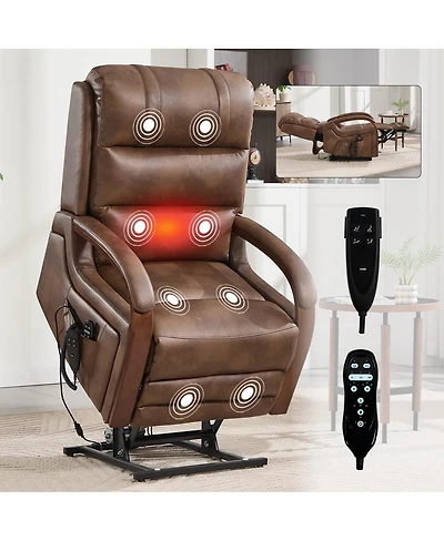Maison Boucle Faux Leather Power Lift Chair for Elderly with Heat and Massage, Dual Motor Infinite Position Electric Recliner Solid Wood Armrests