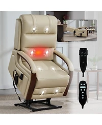 Maison Boucle Faux Leather Power Lift Chair for Elderly with Heat and Massage, Dual Motor Infinite Position Electric Recliner Solid Wood Armrests