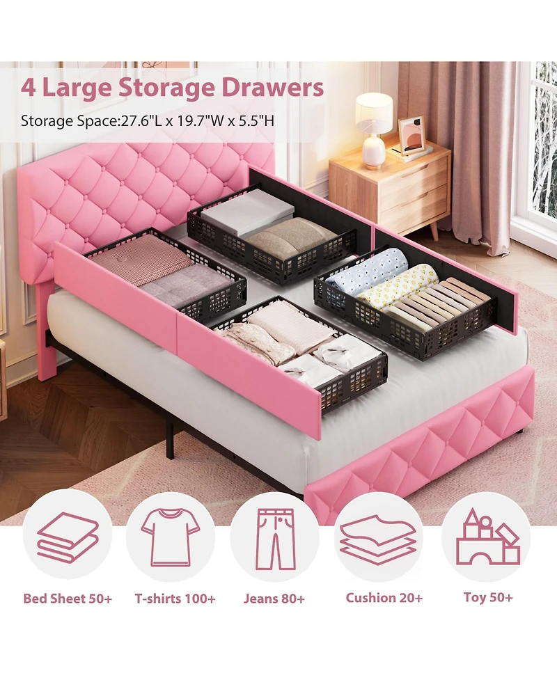 homfan Bed Frame with 4 Storage Drawers and Adjustable Headboard, Linen Upholstered Platform Beds