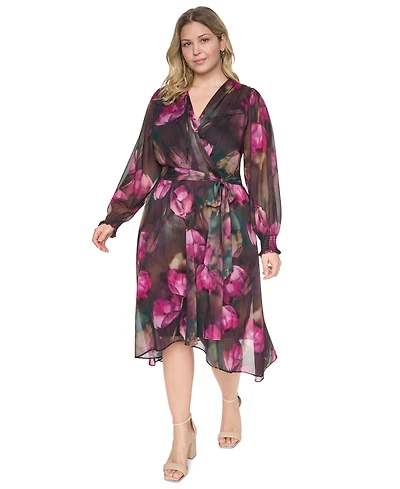 Dkny Plus Faux Wrap Chiffon Surplice Neck Belted Dress