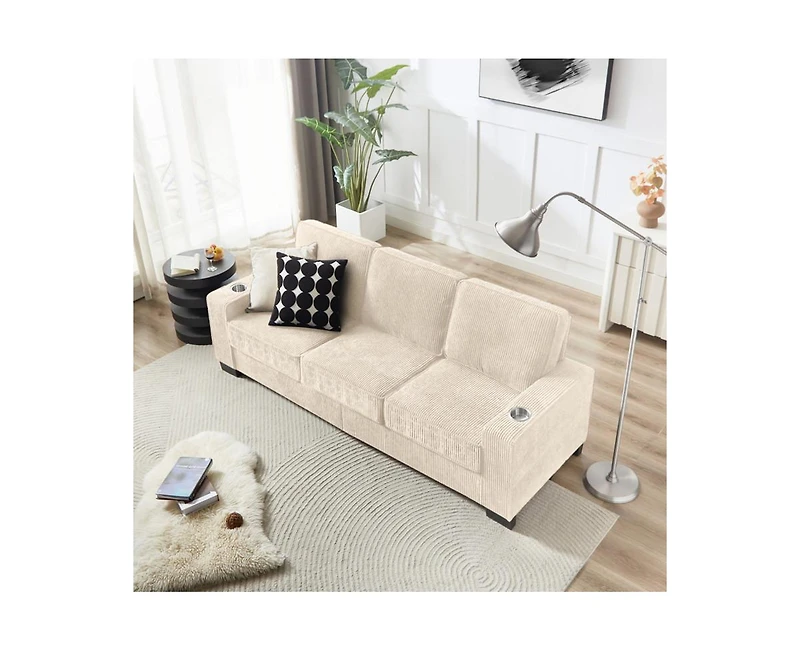 Rainsken 83.86" Corduroy 3-Seater Sofa with Cup Holder, High Resilience Sponge , Pet Friendly Modern Furniture for Living Room Bedroom Office
