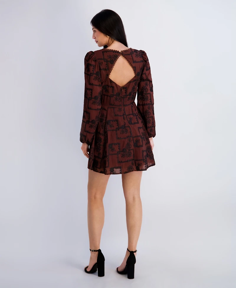 Kensie Women's Embroidered V-Neck Blouson Sleeve Mini Dress