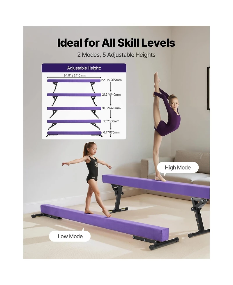 Sevorley Adjustable Balance Beam for Kids, 8FT Gymnastics Floor Beam with 5 Height Levels