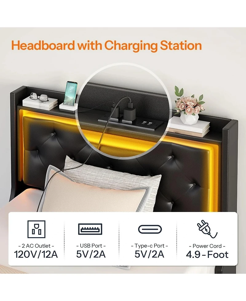 Slickblue Queen Size Upholstered Platform Bed Frame with Led Headboard and Built-In Charging Station